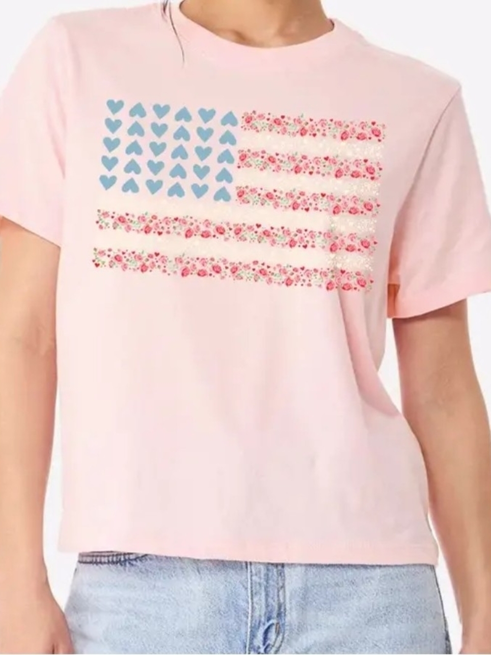 Women's Pink Short Sleeve Graphic Flag Tee with Heart Detail